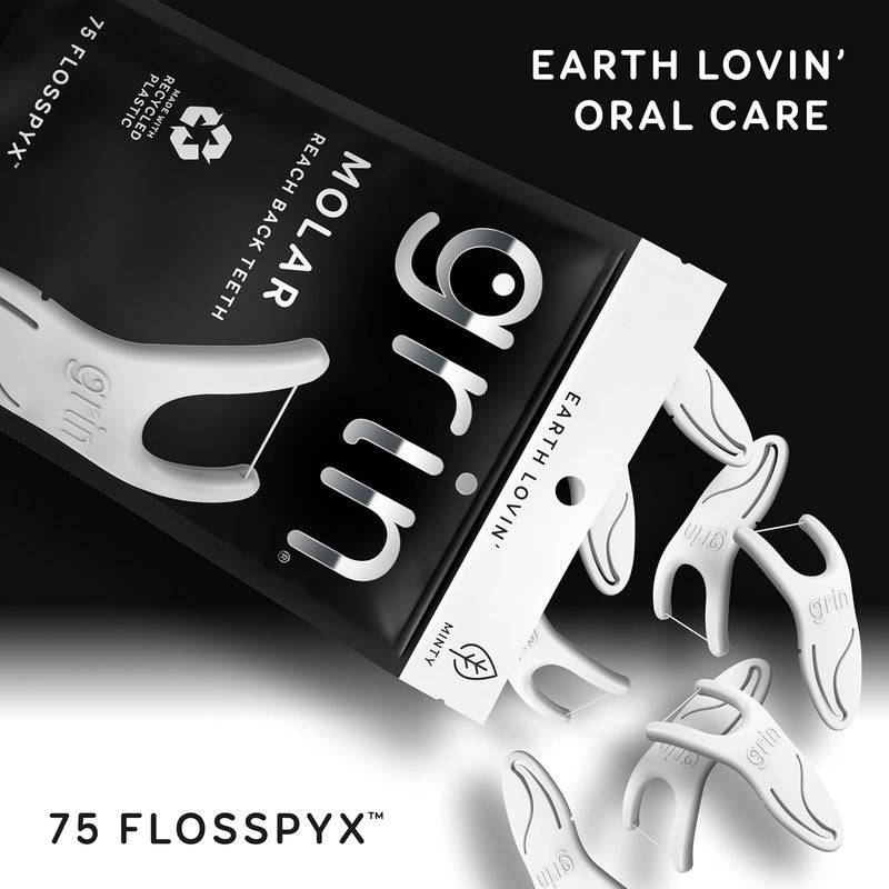 GRIN Molar Flosspyx, Floss Picks, 75 Count, Dental Flossers, Minty Flavor, Recycled Plastic, Great for Reaching Back Teeth, Slide Easily Between Teeth, Includes Safe Soft Fold-Back Tooth Pick - Image 4